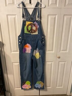 Women's Upcycled Peace Sign Patchwork Denim Overalls - Size Women's Large